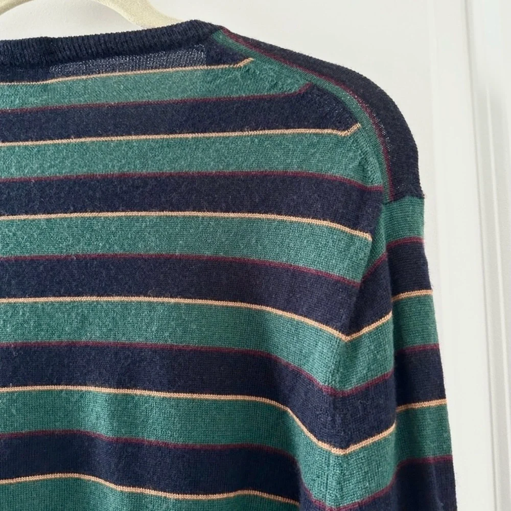 J. Crew Green Blue Striped Crewneck Sweater Merino Wool Mens Sz Medium Slim Fall